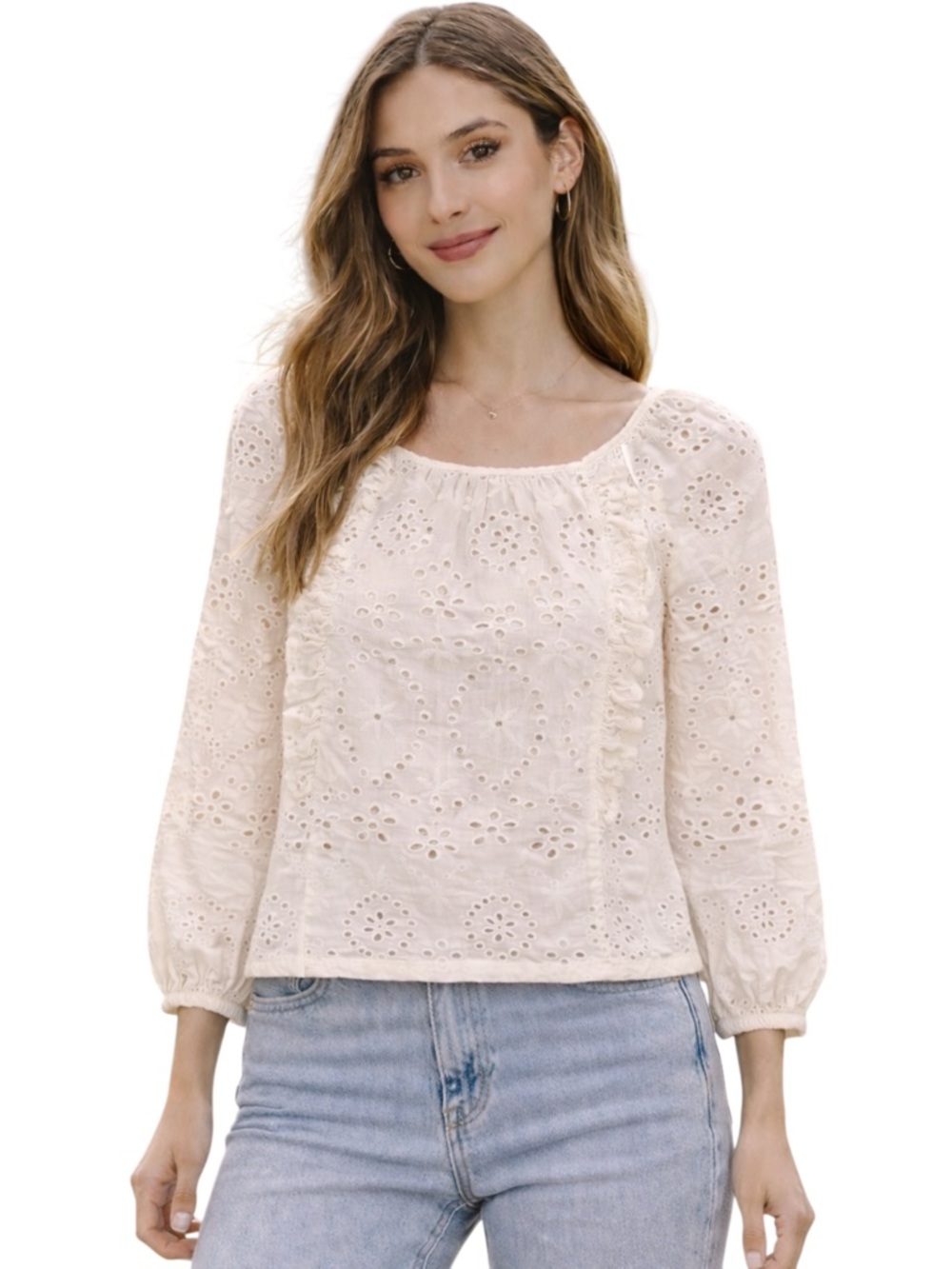 Joie Eyelet Long Sleeve Ruffle Trim Blouse Womens XS Ivory Cottagecore Boho